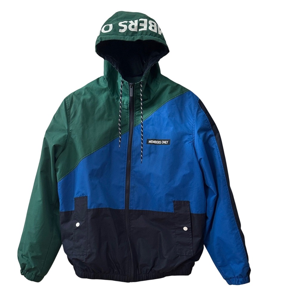 Members Only Mens Colorblock Windbreaker Jacket Hooded Logo Green Blue  XL